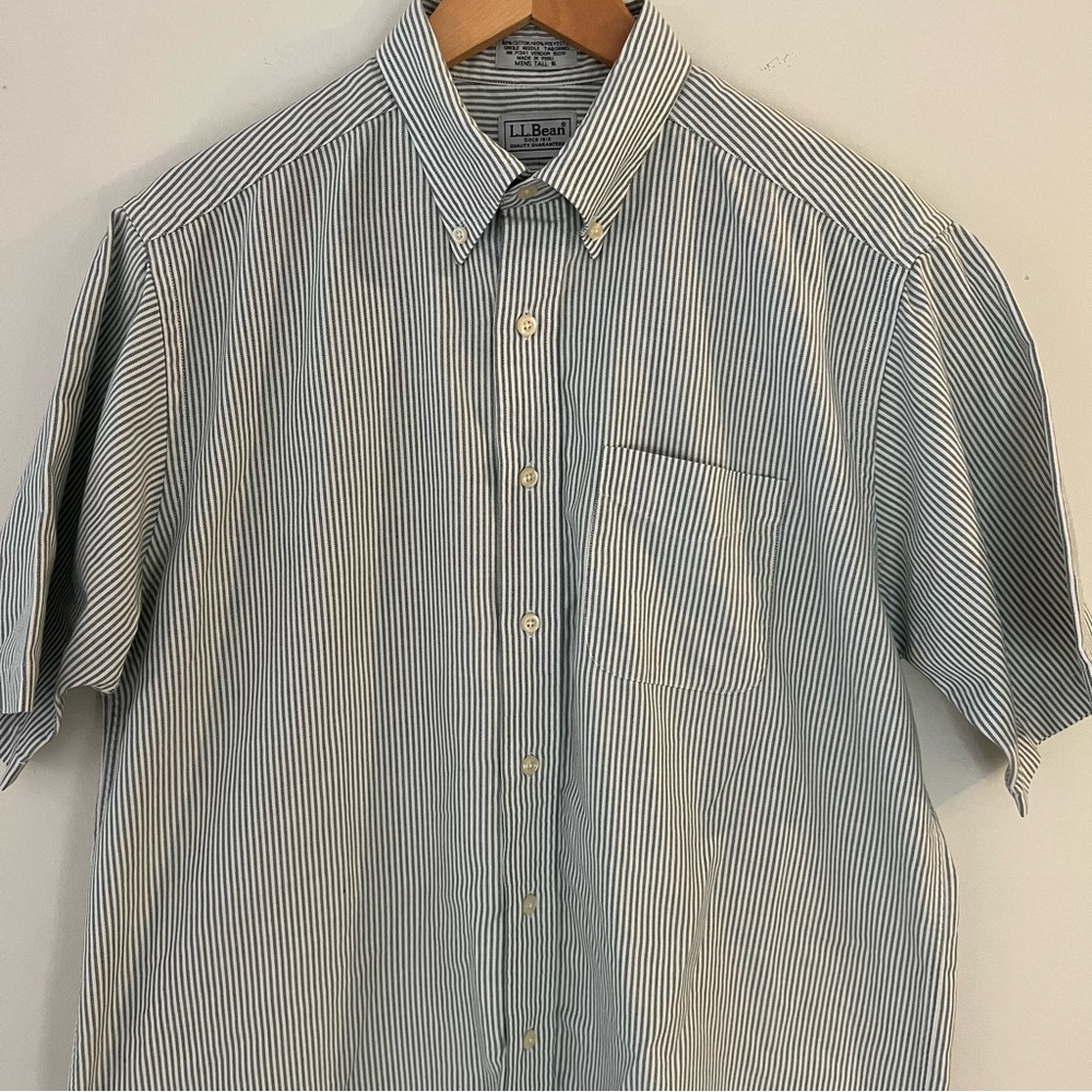 Men’s L.L. Bean Collared Short Sleeve Button Down Green Stripes Size Tall 16